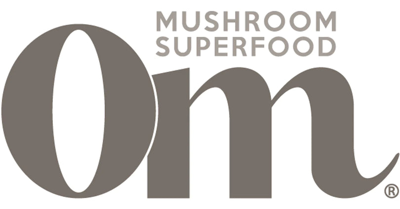 The OM Mushroom logo shows the word “Om” in bold brown-grey letters with “MUSHROOM SUPERFOOD” in smaller uppercase text above it, conveying natural wellness.