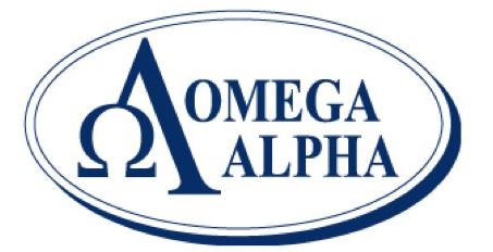 The Omega Alpha logo shows a blue Omega and A inside an oval with the brand name in uppercase blue text on a white background.