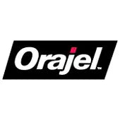 A bold white wordmark reading “Orajel” inside a slanted black rectangle, with a small red square dot above the “j”.