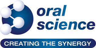 Oral Science logo shows a blue molecular icon next to the words “oral science” and the slogan “CREATING THE SYNERGY” in bold white text on a dark blue bar.