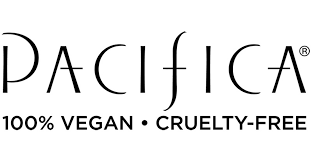 The Pacifica logo displays "PACIFICA" in a sleek, uppercase font with the tagline "100% VEGAN • CRUELTY-FREE" below, highlighting its ethical beauty focus.