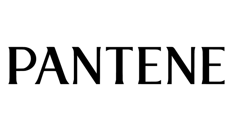 The Pantene logo features the word "Pantene" in sleek black serif font with a golden hair-like swirl above, symbolizing shine and hair vitality.