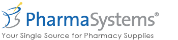 The PharmaSystems logo shows a blue mortar and pestle with a yellow handle, beside the brand name in blue and gray text.