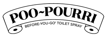 The Poo-Pourri logo shows the brand name on a curved toilet paper banner, with the tagline “Before-You-Go Toilet Spray” underneath.
