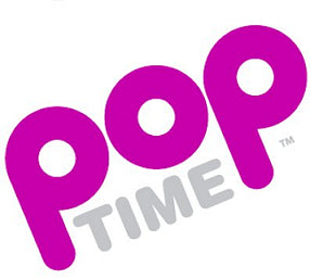 The logo shows the word “POP” in large, bright purple rounded letters, with the word “TIME” in smaller light-grey letters beneath it, giving a playful and fun snack-brand look.