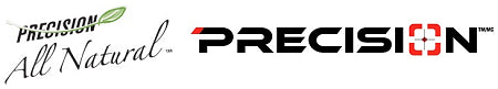 The Precision logo shows two styles: “Precision All Natural” in cursive with a green leaf, and a bold version with a red target in the “O,” symbolizing natural purity and athletic performance.