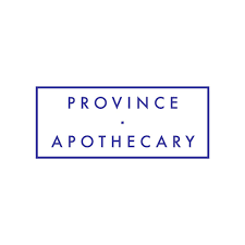 The Province Apothecary logo shows the brand name in uppercase navy blue letters, centered within a thin rectangular border with a dot between the two words.