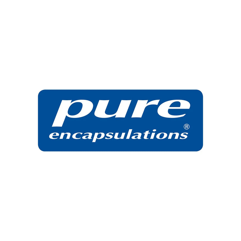 This is a logo image of Pure Encapsulations, featuring the word 'pure' in bold, lowercase white letters above 'encapsulations' in smaller text, all set against a blue rectangular background.