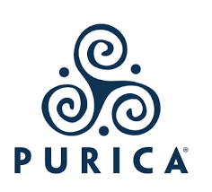 The Purica logo features three interconnected spirals forming a triangular shape, symbolizing harmony and holistic wellness, with the brand name “PURICA” in bold, uppercase navy blue letters beneath it.