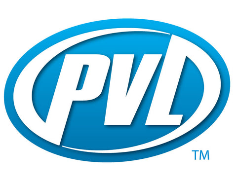 The PVL logo features bold white capital letters “PVL” slanted slightly forward, centered inside a dynamic blue oval with a white border, conveying motion and athletic energy.