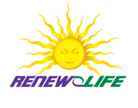 The Renew Life Canada logo shows a bright yellow sun with a calm face above the words “RENEW LIFE” in bold purple and green text, symbolizing health and renewal.