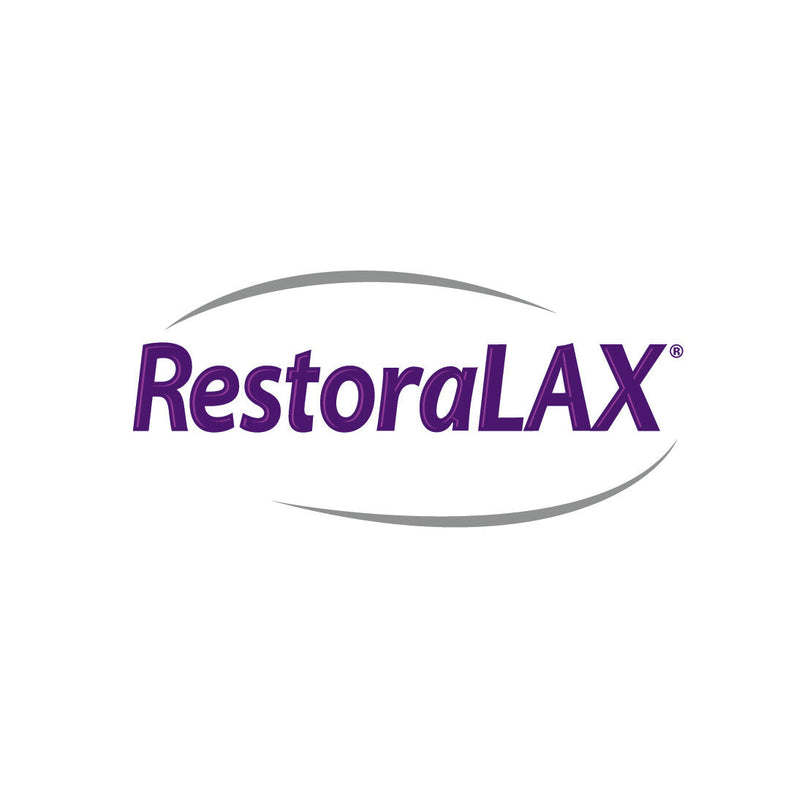 The RESTORALAX logo features the word “RestoraLAX” in bold purple letters, with two curved grey lines above and below the text forming a soft oval shape.