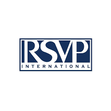 The logo features the letters “RSVP” in bold white capitals inside a dark blue rectangular frame, with the word “INTERNATIONAL” in smaller capital letters beneath, on a white background.