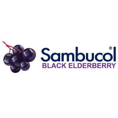 The Sambucol logo shows a cluster of dark purple elderberries with a red stem, alongside the words “Sambucol BLACK ELDERBERRY” in blue and purple text.