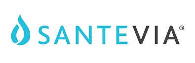 The Santevia logo shows a turquoise water droplet beside the word “SANTEVIA” in bold uppercase letters—“SANTE” in turquoise and “VIA” in dark gray—symbolizing clean, healthy water.