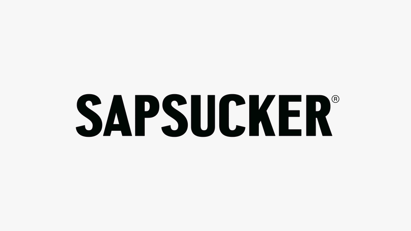 The Sapsucker logo shows the word “Sapsucker” in bold, black uppercase letters with a simple, modern font.