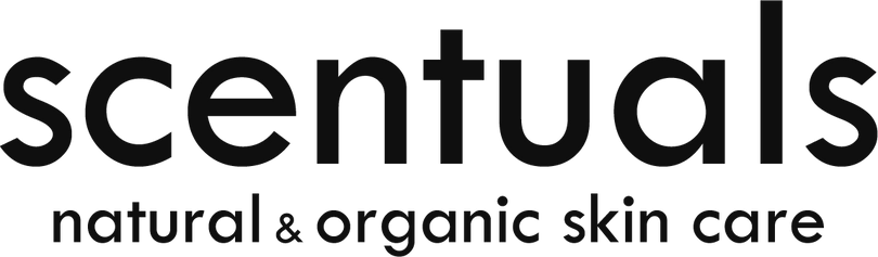 The Scentuals logo features the brand name in lowercase, bold, rounded black letters with the tagline "natural & organic skin care" written beneath it in a clean, simple font.
