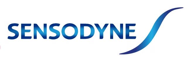 The Sensodyne logo displays bold blue uppercase letters with a curved wave on the right, symbolizing gentle care and relief for sensitive teeth.
