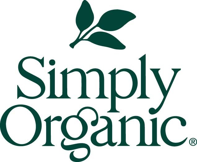 The Simply Organic logo features the brand name “Simply Organic” in dark green serif lettering, with a small stylized green leaf sprig above the word “Simply,” symbolizing natural, organic ingredients.
