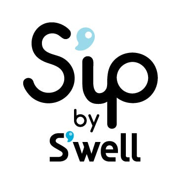 The S'ip by S'well logo features the word “Sip” in rounded black lowercase letters, with a small light-blue apostrophe shaped like a droplet above the “i,” and the words “by S’well” written below in smaller black text with a matching blue droplet accent.