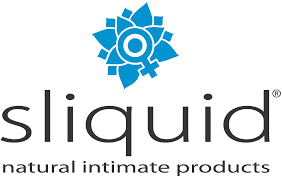 The Sliquid logo shows a blue floral symbol with gender icons above the word “sliquid” in lowercase, followed by the tagline “natural intimate products.”