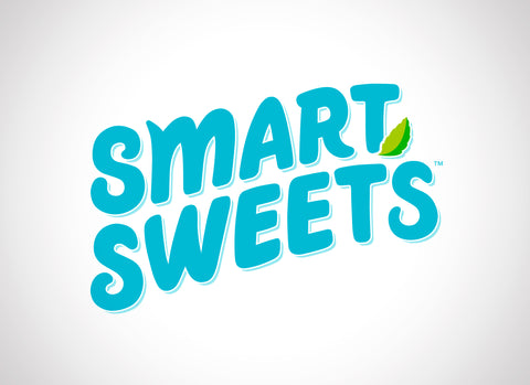 The SmartSweets logo features bold turquoise text with a green leaf in the letter "A," reflecting its plant-based, low-sugar candy focus.