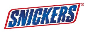 The Snickers logo shows bold blue letters with a white outline inside a slanted red-bordered rectangle, reflecting energy and boldness.