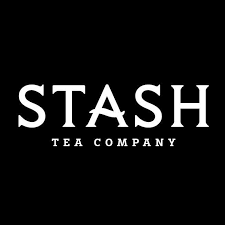 The Stash Tea logo shows “STASH” in bold white letters with “TEA COMPANY” below, all set on a black background for a clean, classic look.