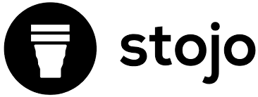 The Stojo logo shows a white collapsible cup inside a black circle beside the word “stojo” in simple, rounded black letters, symbolizing sustainability and modern design.
