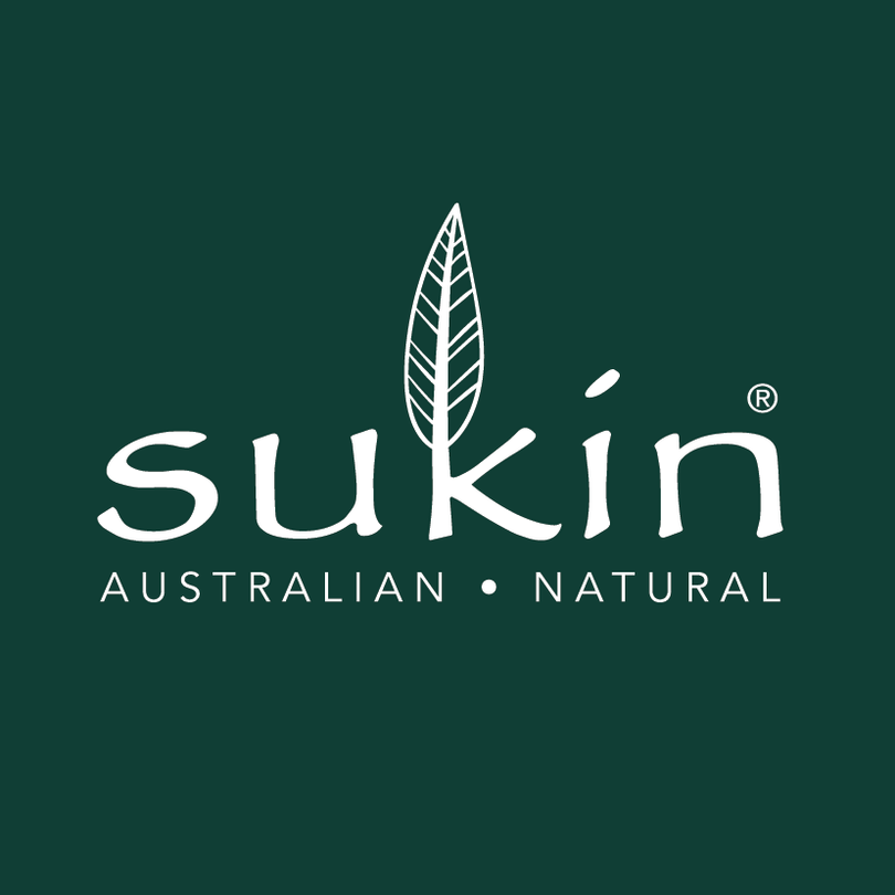 The Sukin logo features white lowercase text with a leaf integrated into the letter "k," set against a dark green background, symbolizing natural and eco-friendly values.