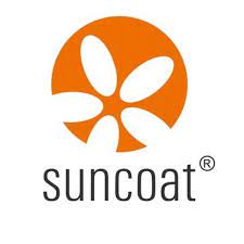 The Suncoat logo shows a flower-like design in an orange circle above the lowercase word “suncoat” in a simple black font.