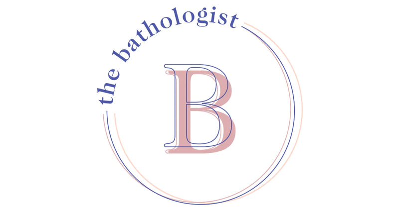 The Bathologist logo shows a stylized “B” in pink and blue, encircled by a thin ring with “the bathologist” curved around the top.
