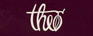 The Theo Chocolate logo shows the word “Theo” in a script font, with the “o” shaped like a cocoa pod, symbolizing its bean-to-bar chocolate roots.