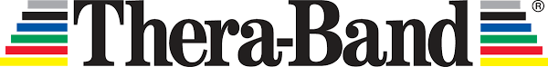 The TheraBand logo features the brand name in bold black serif font, flanked on both sides by stacked horizontal bars in black, grey, blue, green, red, and yellow.