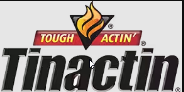 The TINACTIN logo shows a stylized orange flame above the words “TOUGH ACTIN’” on a red banner, with “Tinactin” in large black italic letters below.