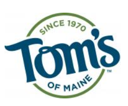The Tom’s of Maine logo shows “Tom’s” in bold blue letters inside a green circle with the text “Since 1970” above and “of Maine” below.