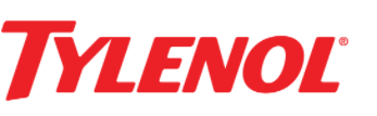 The TYLENOL logo features the brand name in bold, italicized red uppercase letters, conveying a sense of urgency, strength, and trusted relief.