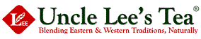 The Uncle Lee’s Tea logo shows green text with a red diamond emblem containing an “L” and the tagline “Blending Eastern & Western Traditions, Naturally.”