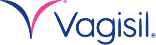 A stylized blue and pink “V” curves above the word “Vagisil” in a bold blue font.