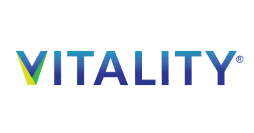 The Vitality logo features the brand name in bold, gradient blue letters with a stylized “V” in blue, green, and yellow, symbolizing health, energy, and sustainability.