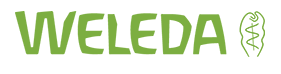 The Weleda logo shows bold green lettering with a leaf-shaped emblem containing a spiral, symbolizing nature and holistic balance.