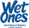 The Wet Ones logo features the brand name in bold, blue cursive lettering with the words “Antibacterial Hand Wipes” in smaller blue text below, conveying freshness and cleanliness.
