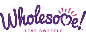 The Wholesome Sweeteners logo shows “Wholesome!” in purple script with a heart-shaped “o” and the tagline “LIVE SWEETLY.” in pink below.