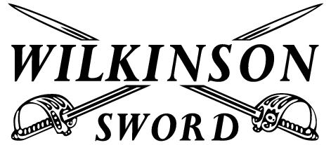 The Wilkinson Sword logo shows bold text framed by two crossed swords with detailed hilts, symbolizing its blade-making heritage.