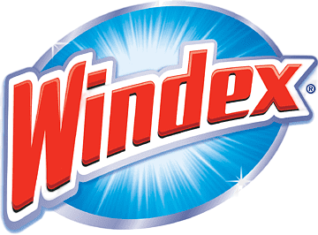 The Windex logo displays bold red text with a white outline on a bright blue oval background with a shine effect, symbolizing clarity and cleanliness.