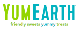The YumEarth logo shows “YUMEARTH” in bold green and teal letters with the tagline “friendly sweets yummy treats” beneath in matching colors.