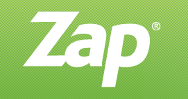 The ZAP logo features the word “Zap” in bold, italicized white letters with a slight curve, set against a textured green background with a subtle gradient.