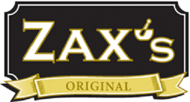The Zax's logo shows the word “Zax's” in bold gold letters on a black background, with a mortar and pestle in the S, and a gold banner reading “Original.”