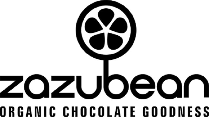 The Zazubean logo features a bold, modern lowercase wordmark “zazubean” beneath a stylized flower-shaped cocoa pod symbol, with the tagline “ORGANIC CHOCOLATE GOODNESS” in uppercase letters below.
