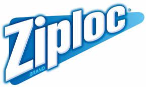 The Ziploc logo shows the word “Ziploc” in bold white letters on a blue triangular background pointing to the right.